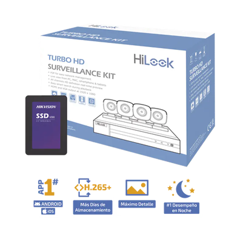 KIT Hilook TurboHD 1080p + SSD de 1 TB, DVR 4 canales, 4 Camaras Bala de Metal, Fuente de Poder, Accesorios de Instalacion, Modelo: HL24LQKITS-M(B)/1TB 1