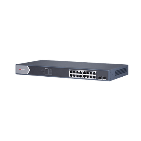 Switch Gigabit Hikvision PoE+, Administrable, 16 Puertos 1000 Mbps PoE+, 2 Puertos SFP, Configuracion Remota, Modelo: DS-3E1518P-SI