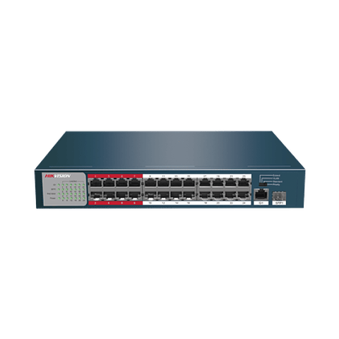 Switch Hikvision PoE+, No Administrable, 24 Puertos 100 Mbps PoE+, 1 Puerto 1000 Mbps + 1 Puerto SFP Uplink, PoE hasta 250 Metros, 230 Watts, Modelo: DS-3E0326P-E/M(B)
