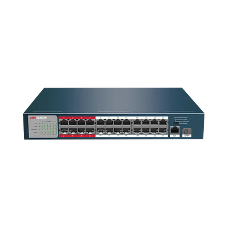Switch Hikvision PoE+, No Administrable, 24 Puertos 100 Mbps PoE+, 1 Puerto 1000 Mbps + 1 Puerto SFP Uplink, PoE hasta 250 Metros, 230 Watts, Modelo: DS-3E0326P-E/M(B) 1