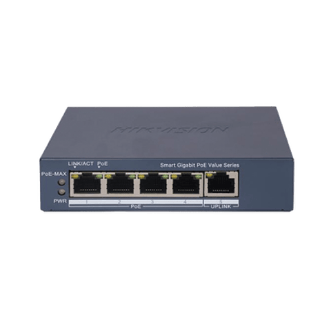 Switch Hikvision Gigabit PoE+, Administrable, 4 Puertos 1000 Mbps PoE+, 1 Puerto 1000 Mbps Uplink, Configuración Nube Hik-PartnerPro, Hasta 300 Metros, 45 Watts, Modelo: DS-3E1505P-EI/M