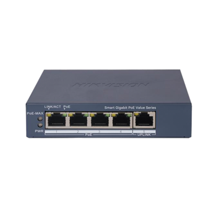 Switch Hikvision Gigabit PoE+, Administrable, 4 Puertos 1000 Mbps PoE+, 1 Puerto 1000 Mbps Uplink, Configuración Nube Hik-PartnerPro, Hasta 300 Metros, 45 Watts, Modelo: DS-3E1505P-EI/M 1