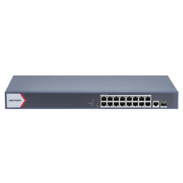 Switch Hikvision Gigabit PoE+, Monitoreable, 16 Puertos 1000 Mbps PoE+, 1 Puerto 1000 Mbps de Uplink, 1 Puerto SFP, Configuracion Nube, 130 Watts, Modelo: DS-3E1518P-EI/M 1