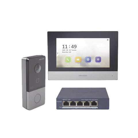 Kit Hikvision de Videoportero IP + Switch Poe, Llamada a HikConnect, MIFARE, Frente de calle IP65, Soporta 1 Departamento, Modelo: DS-KIS603-P/S
