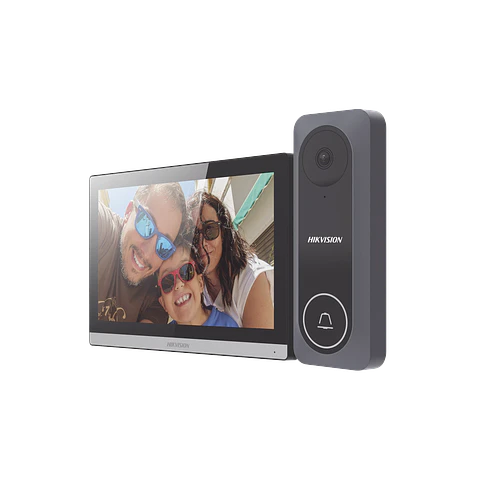 Kit de Videoportero Hibrido TurboHD Hikvision con Pantalla LCD touch de 7",  Wi-Fi, Frente de Calle de Policarbonato, 720p, 130° de Visión, Llamada a App Hik-Connect, Modelo: DS-KIS312-P