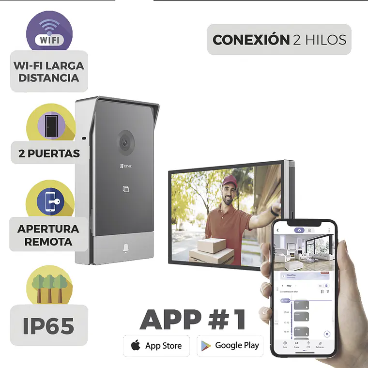Videoportero IP Ezviz, Conexión a 2 Hilos, Monitor Wi-Fi para Interior, IP65, Camara 3 Megapixeles, Llamada a la App, Apertura remota, Modelo: CS-HP7 1