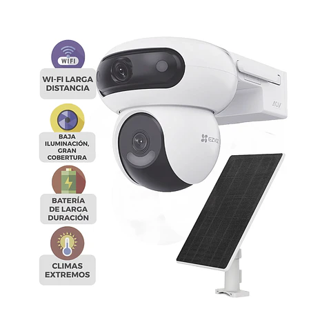 Kit Ezviz Incluye Cámara Wi-Fi 6 + 4G LTE con Panel Solar, Doble Lente, Vision Nocturna ColorFULL, IP65, IA Detección Humana y Vehicular, Audio Bidireccional, Modelo: CSHB90X/SP/4G/W