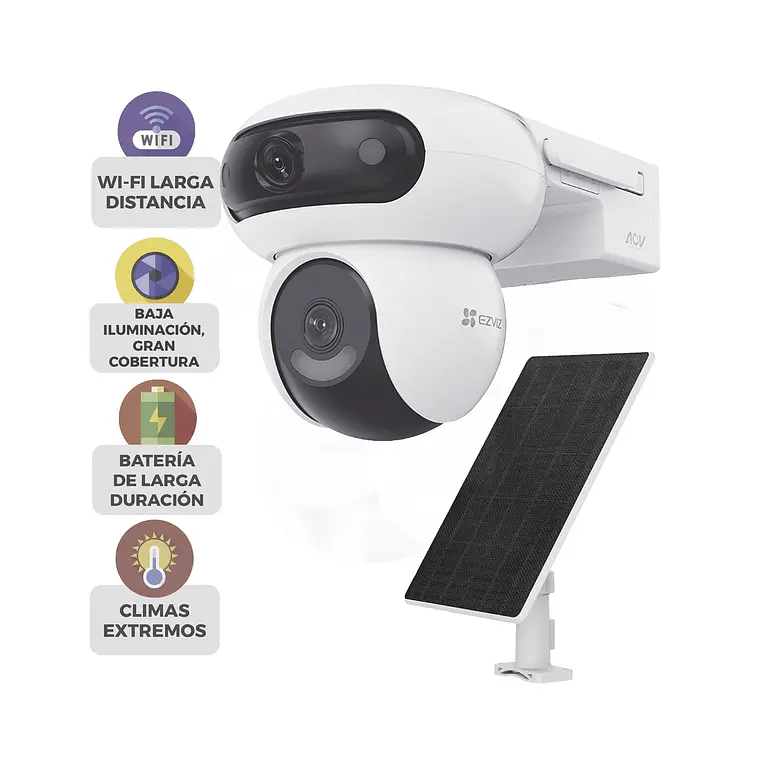 Kit Ezviz Incluye Cámara Wi-Fi 6 + 4G LTE con Panel Solar, Doble Lente, Vision Nocturna ColorFULL, IP65, IA Detección Humana y Vehicular, Audio Bidireccional, Modelo: CSHB90X/SP/4G/W 1