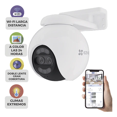 Camara Ezviz PT, Wi-Fi, Lente Dual, 360°, Resolucion 4K, Vision Nocturna ColorFULL, IA Deteccion de Humanos y Vehiculos, Alarma con Sirena y Luz, IP65, Modelo: CS-H80X