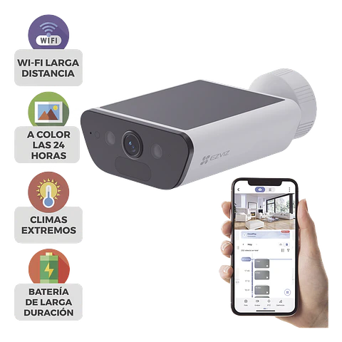 Camara Ezviz de Bateria con Panel Solar Integrado, 4K Resolucion, WI-FI 6, Vision Nocturna, Deteccion Humana y de Vehiculos, Bateria de 10400 MAH, IP65, Modelo: CS-CB5-4K