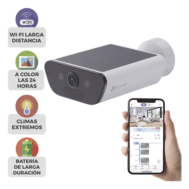 Camara Ezviz de Bateria con Panel Solar Integrado, 4K Resolucion, WI-FI 6, Vision Nocturna, Deteccion Humana y de Vehiculos, Bateria de 10400 MAH, IP65, Modelo: CS-CB5-4K 1