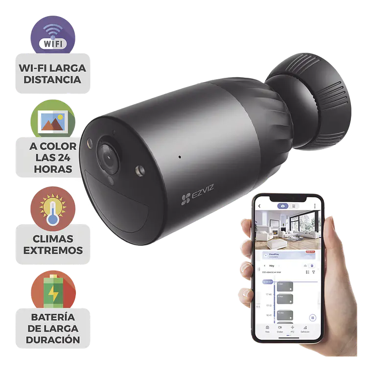Camara Ezviz WIFI, 4K,  Bateria Recargable, Audio Dos Vias, Vision Nocturna en Color, IP65, Memoria 512 GB, Modelo: CS-BC1C/4K 1