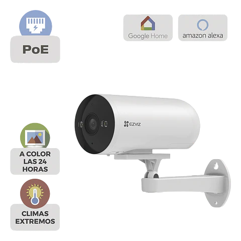 Camara Ezviz IP Exterior PoE, 3 Megapixeles, AI Deteccion, H.265, Vision Nocturna a Color, IP67, Audio Bidireccional, Luz y Sirena, Micro SD, Modelo: CS-H5/3MP/POE
