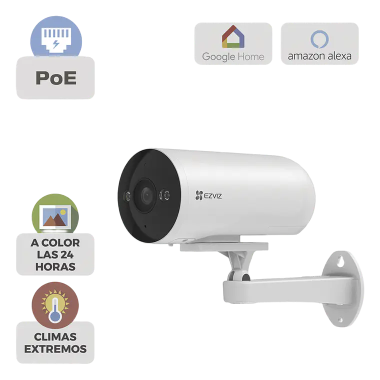 Camara Ezviz IP Exterior PoE, 3 Megapixeles, AI Deteccion, H.265, Vision Nocturna a Color, IP67, Audio Bidireccional, Luz y Sirena, Micro SD, Modelo: CS-H5/3MP/POE 1