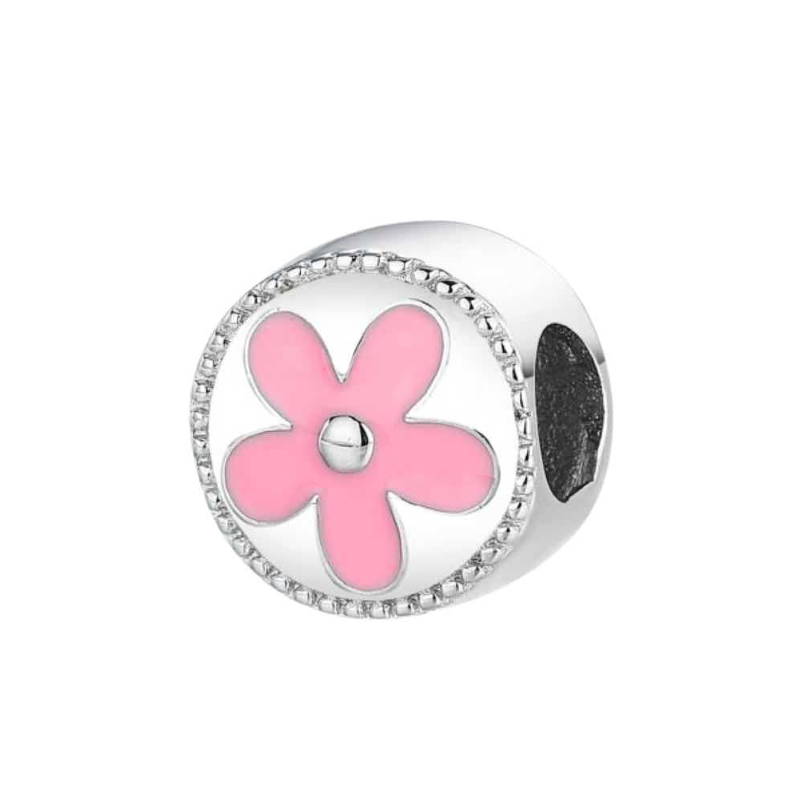 Abalorio flores esmalte rosa plata 1