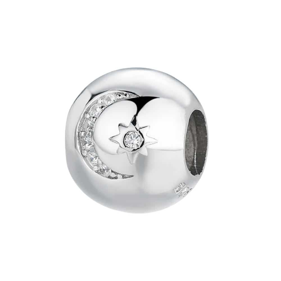 Silver moon and star bead with cubic zirconias  1