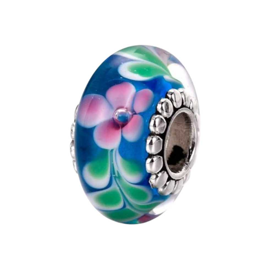 Murano glass bead, silver flowers 1