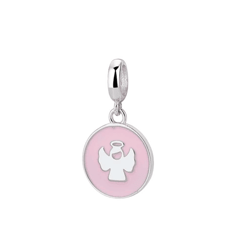 Pink enamel disc bead, silver angel