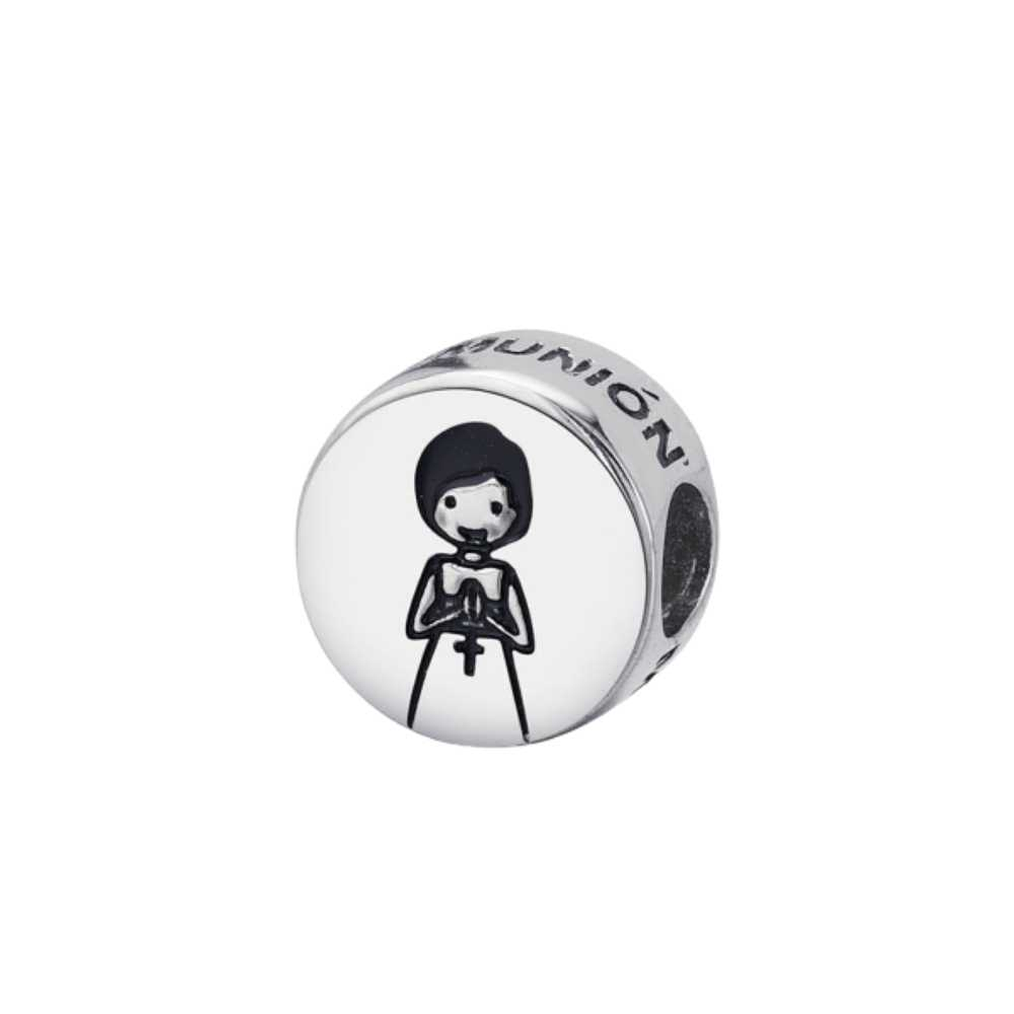 Silver disc charm with a girl in her communion dress. 1