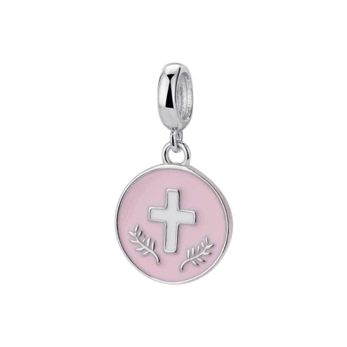 Abalorio disco esmaltado rosa con cruz plata 1