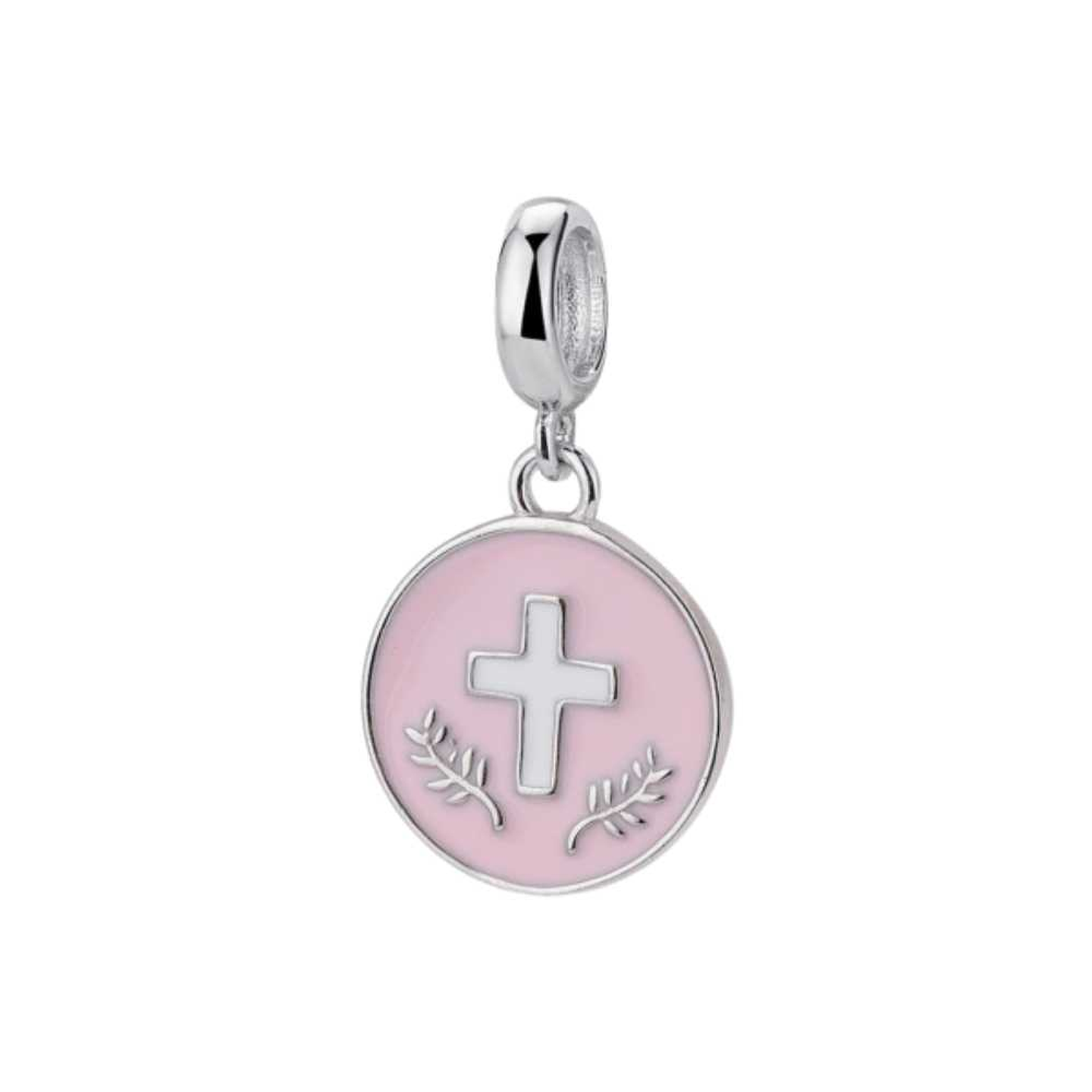 Abalorio disco esmaltado rosa con cruz plata 1