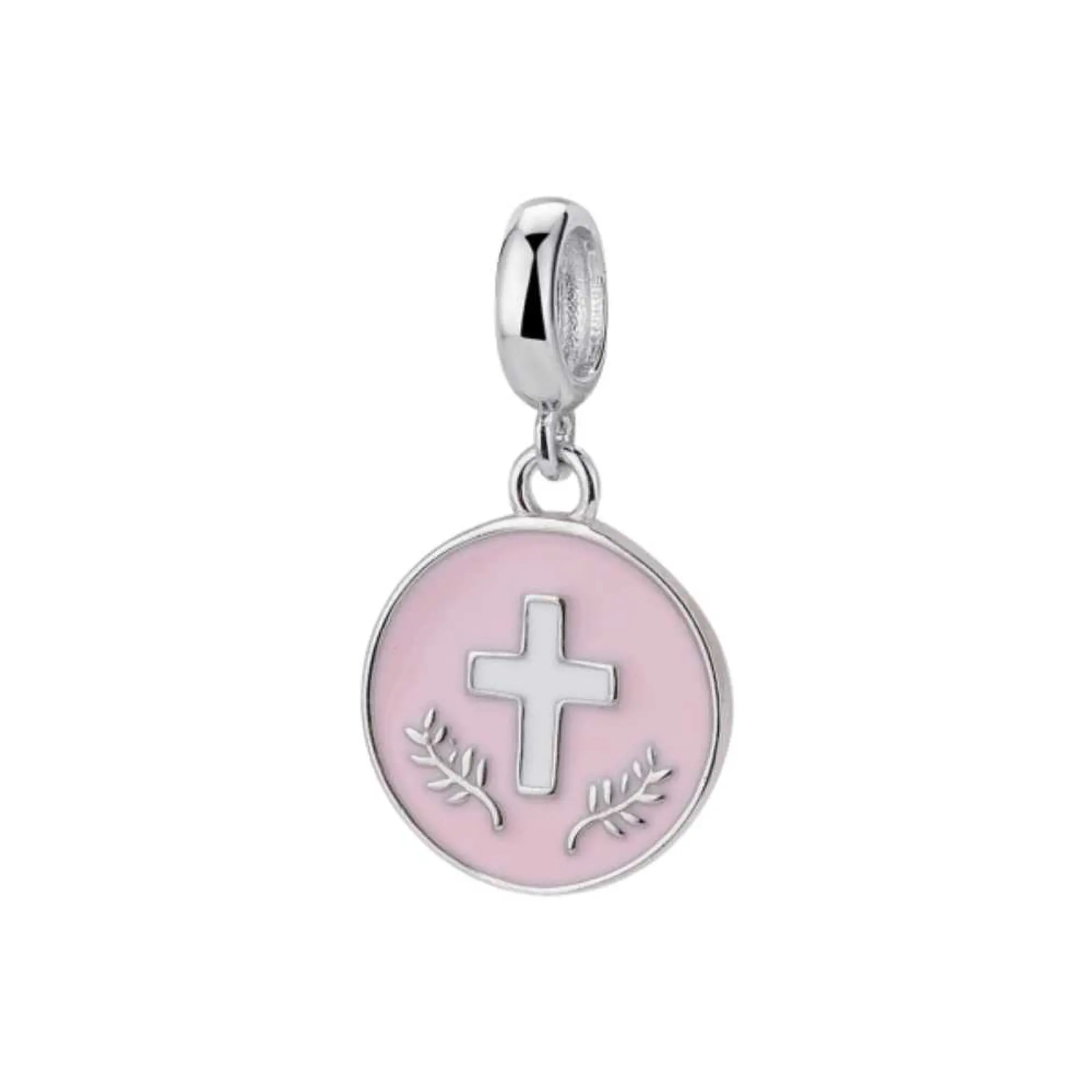 Abalorio disco esmaltado rosa con cruz plata 1