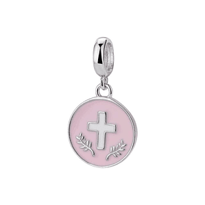 Abalorio disco esmaltado rosa con cruz plata