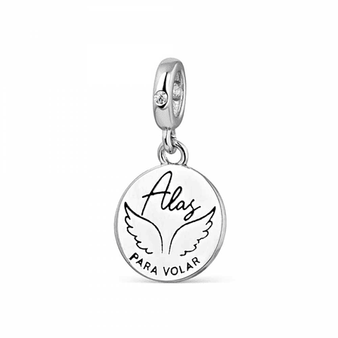 Silver disc charm, wings to fly.