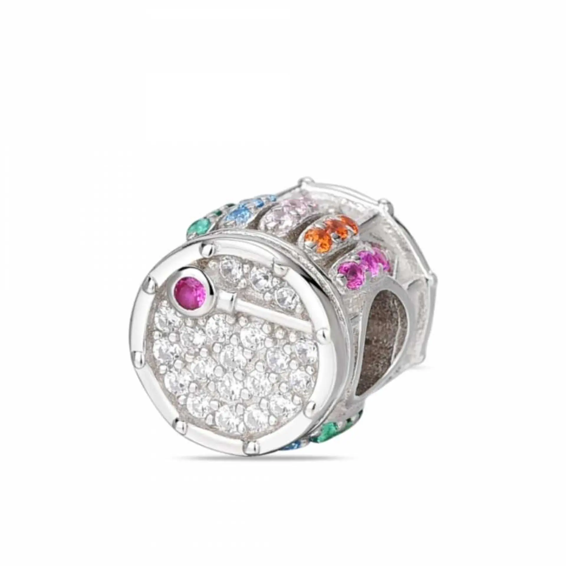 Multicolor zircon-studded silver drum bead  1