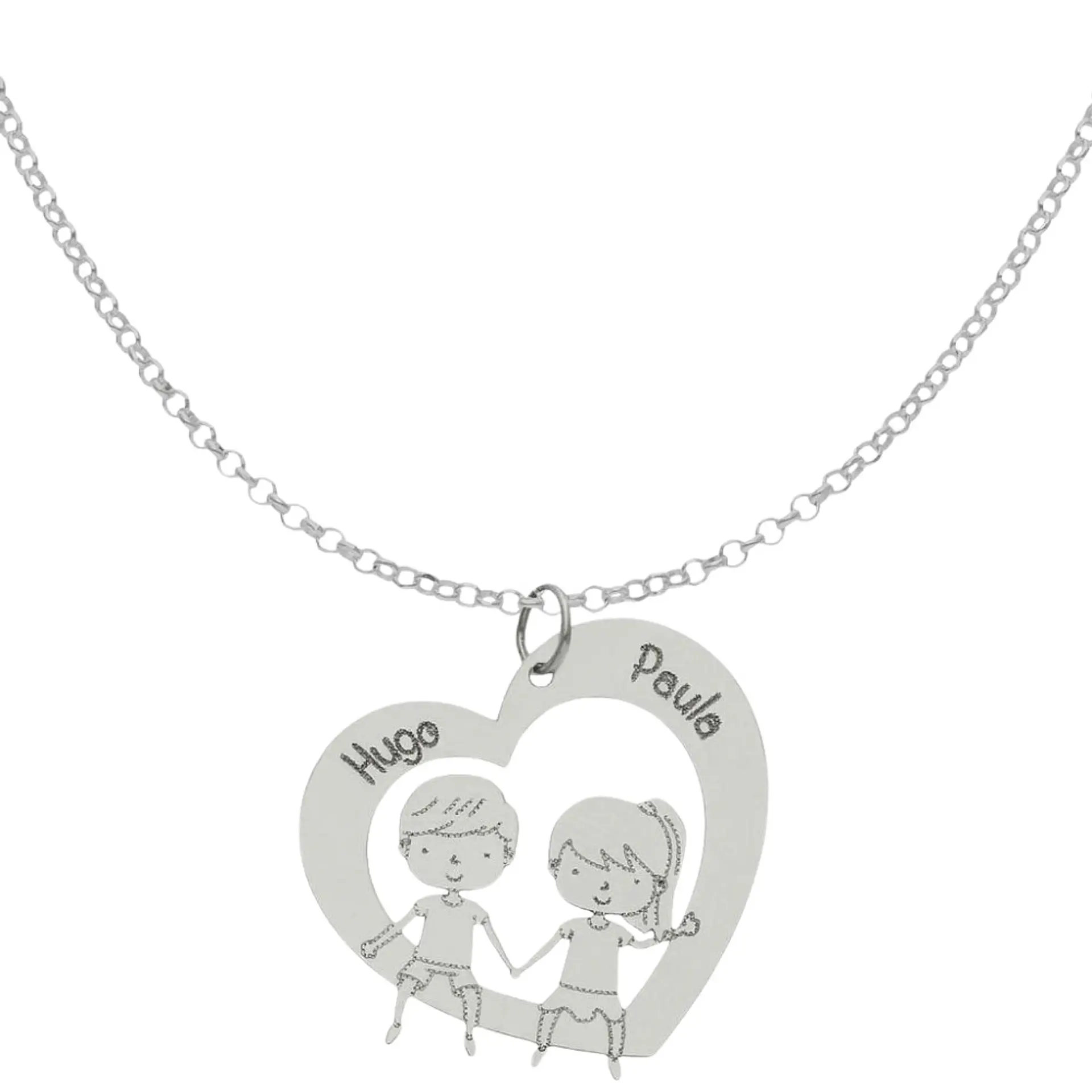 Colgante personalizado corazón y pareja en plata 1