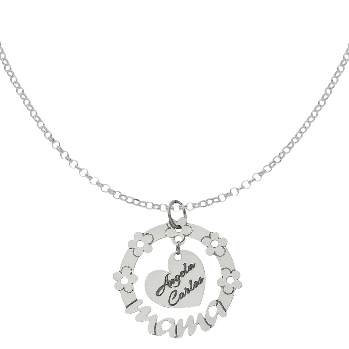 Colgante personalizado nombres y flores plata 1