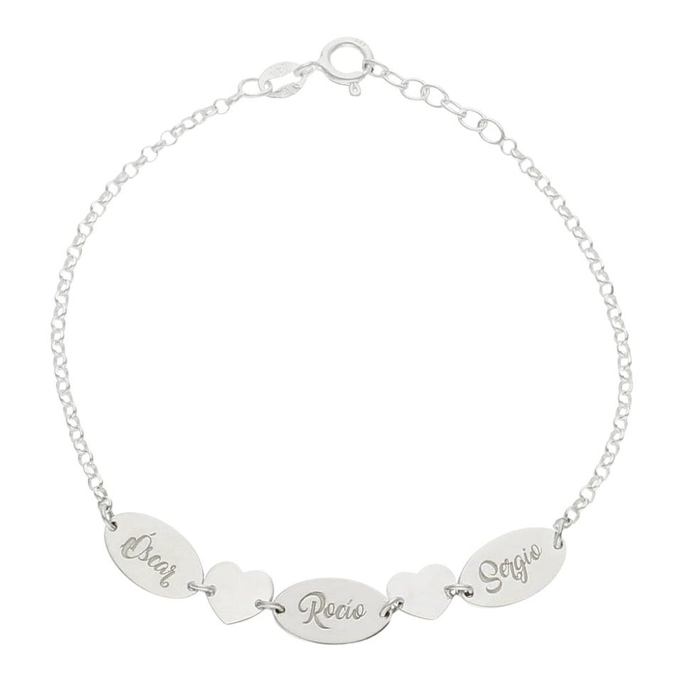 Pulsera personalizada nombres y corazones plata 3