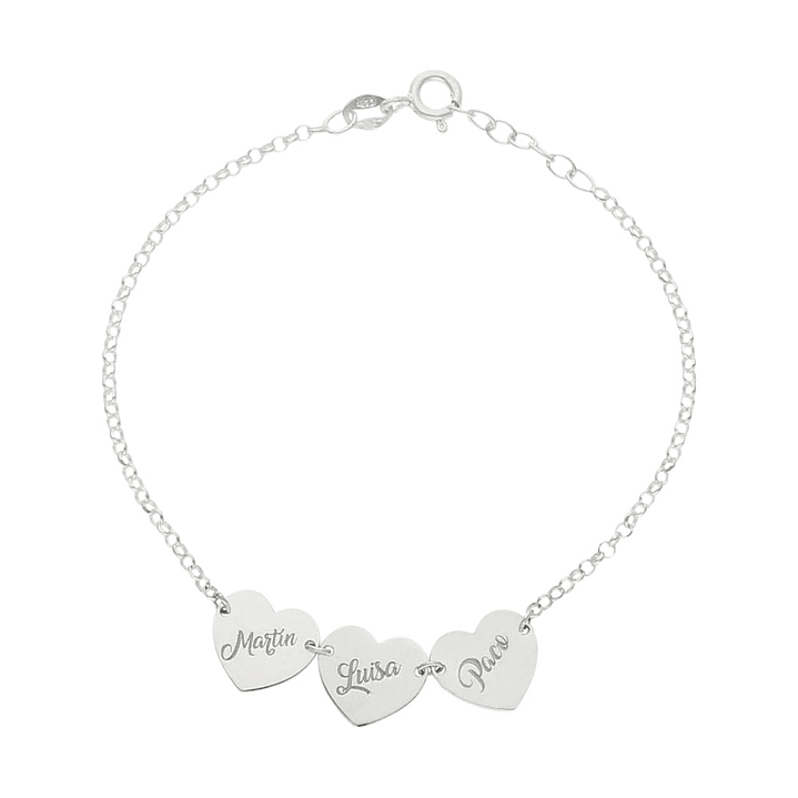 Pulsera personalizada nombres en corazones plata 1