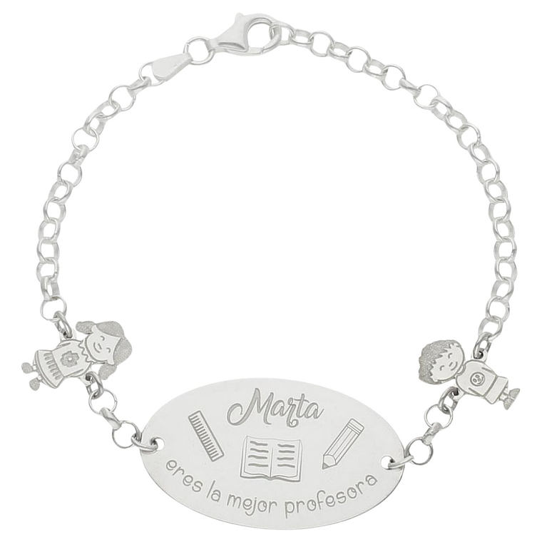 Pulsera personalizada nombre de maestra y frase plata 1