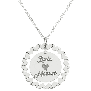 Gargantilla personalizada nombres rodeados de corazones plata