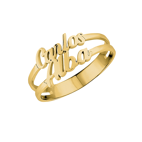Anillo personalizado nombres de pareja plata con baño de oro