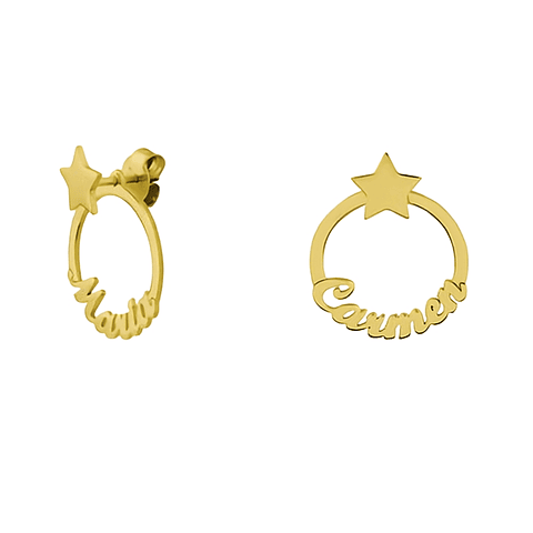 Pendientes personalizados con nombre circular plata en baño de oro 