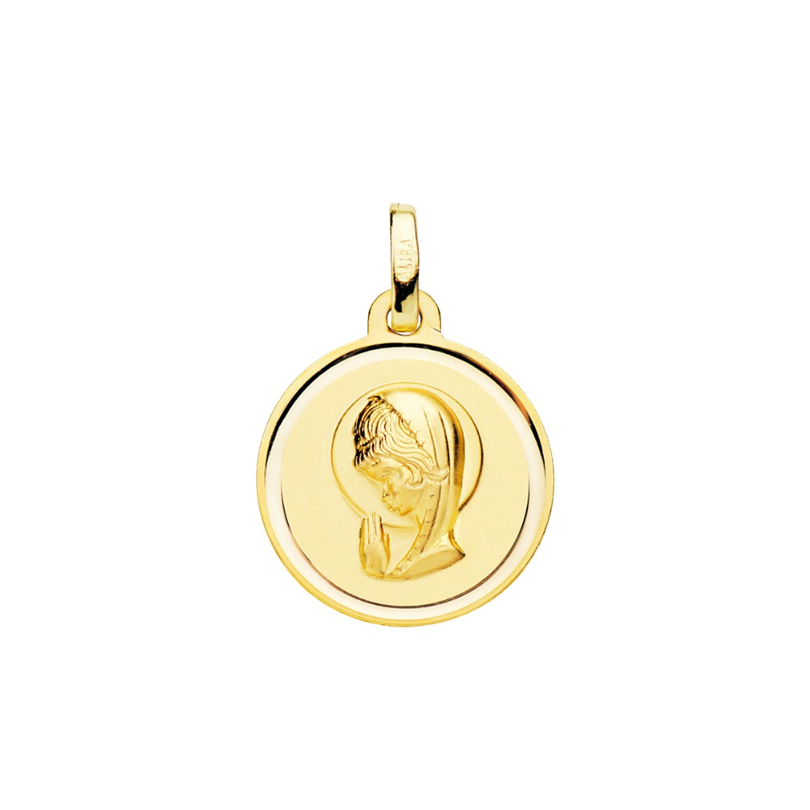 Medalla de Oro 18k amarillo Virgen niña de perfil bisel 1