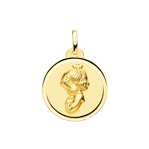 Medalla de Oro amarillo 18k Virgen niña rezando bisel