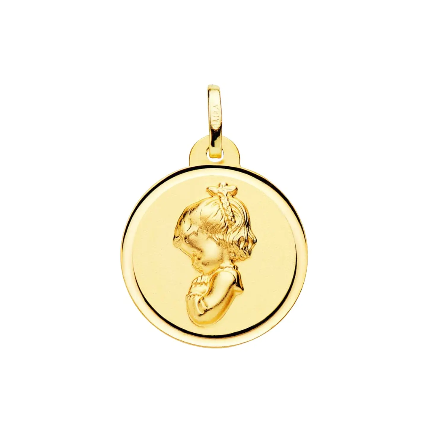 Medalla de Oro amarillo 18k Virgen niña rezando bisel 1