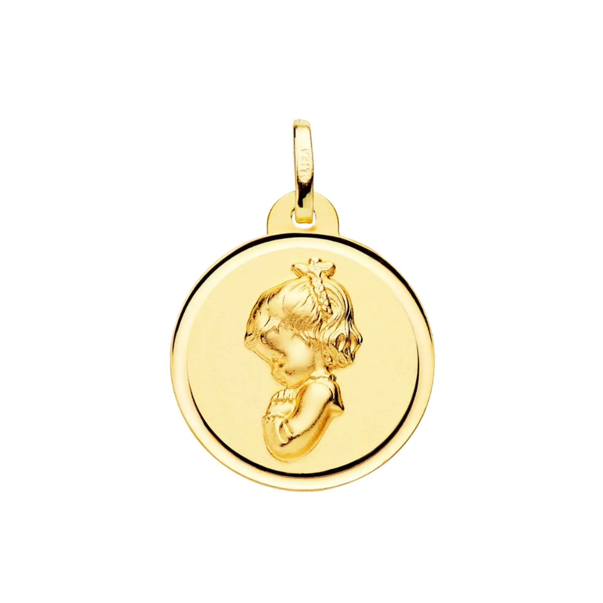 Medalla de Oro amarillo 18k Virgen niña rezando bisel 1