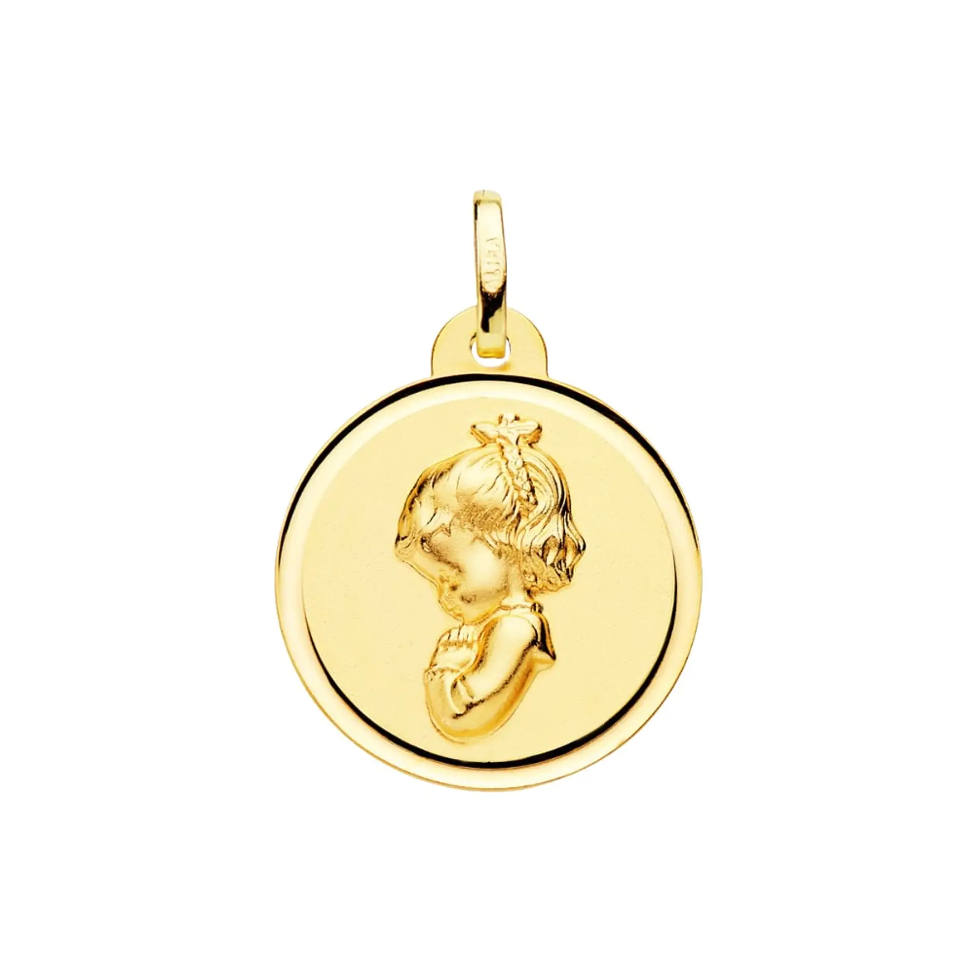 Medalla de Oro 18k Virgen niña rezando bisel  1