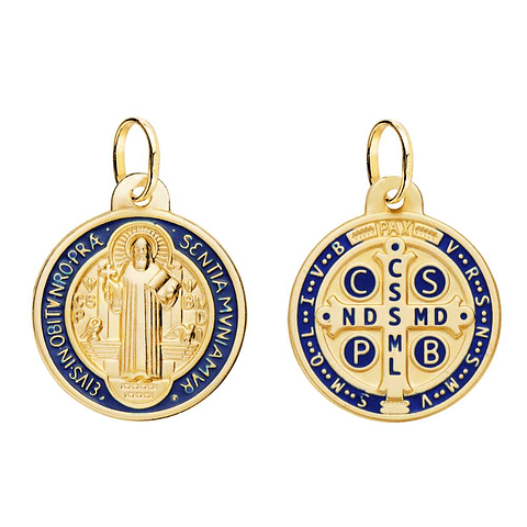 Medalla de Oro 18k Saint Benoit esmalte azul 