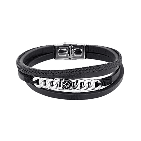 Pulsera de caballero acero cuero trenzado negro