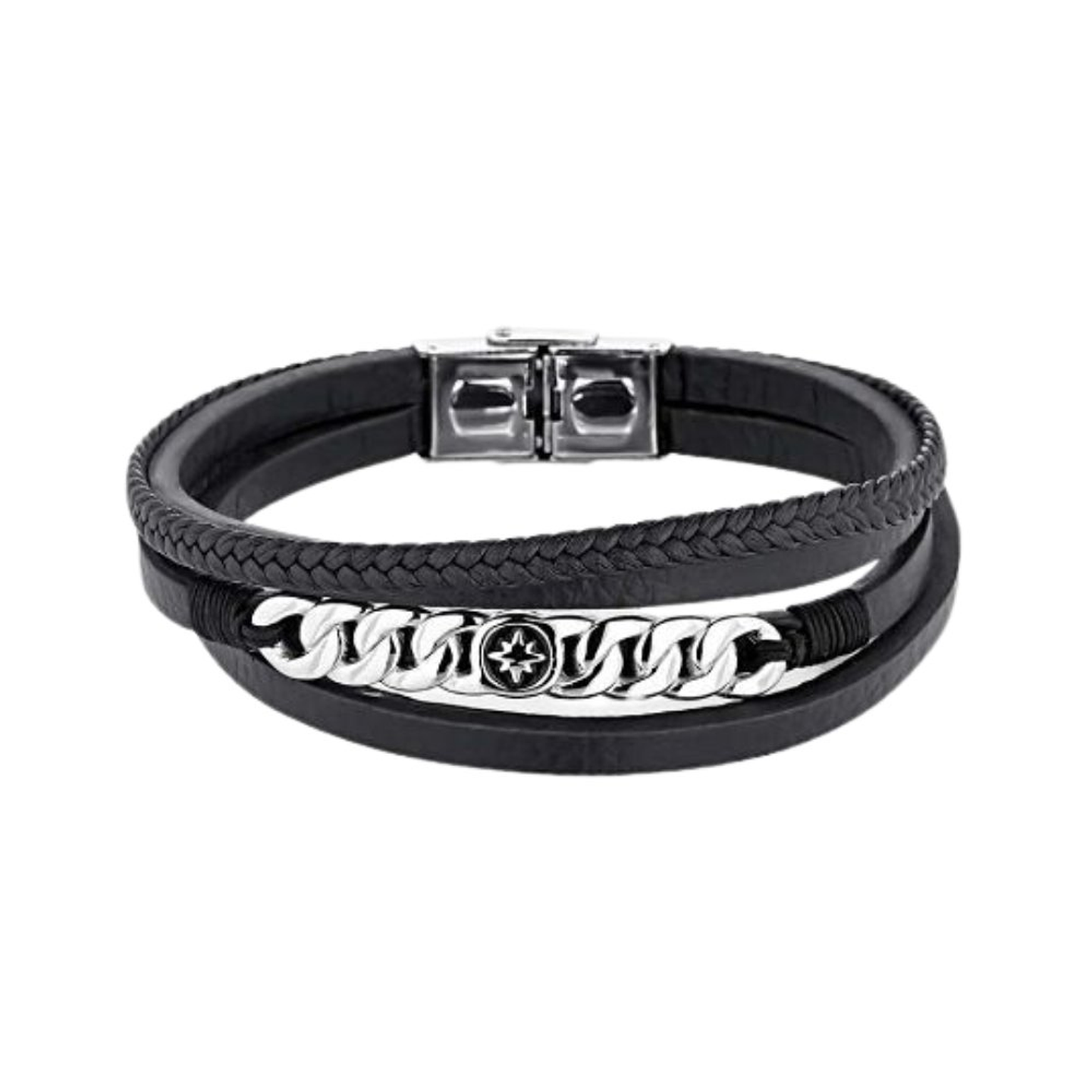 Pulsera de caballero acero cuero trenzado negro 2