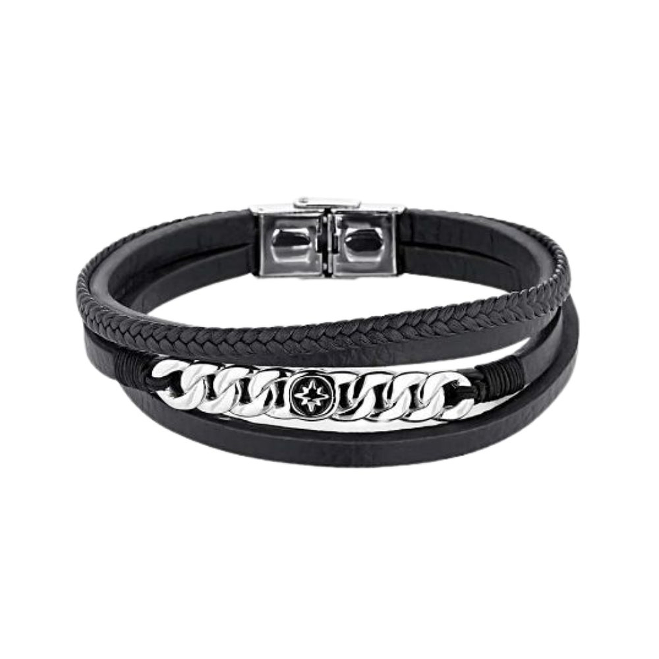 Pulsera de caballero acero cuero trenzado negro 2