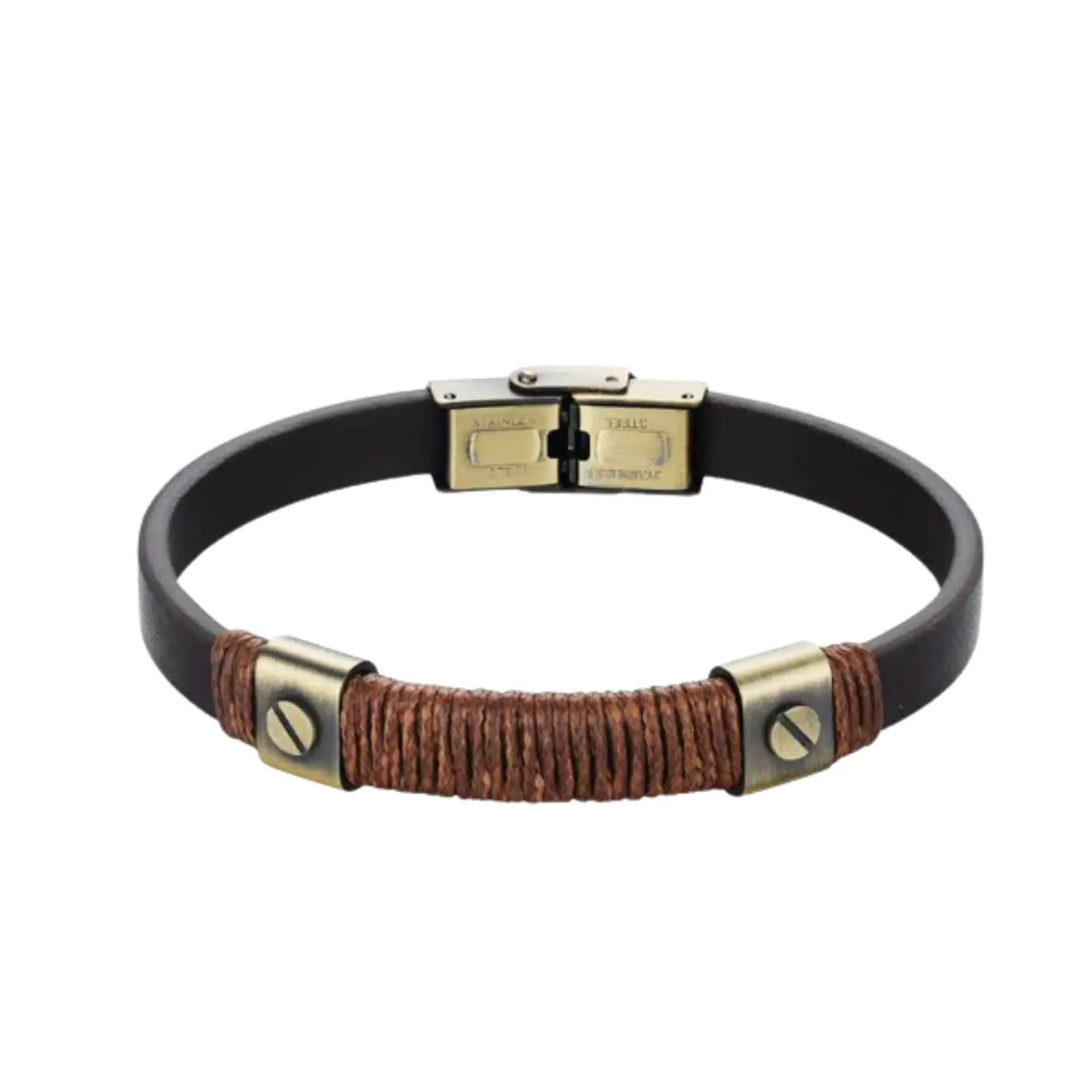 Pulsera de hombre acero dorado con hilo y cuero marrón 1