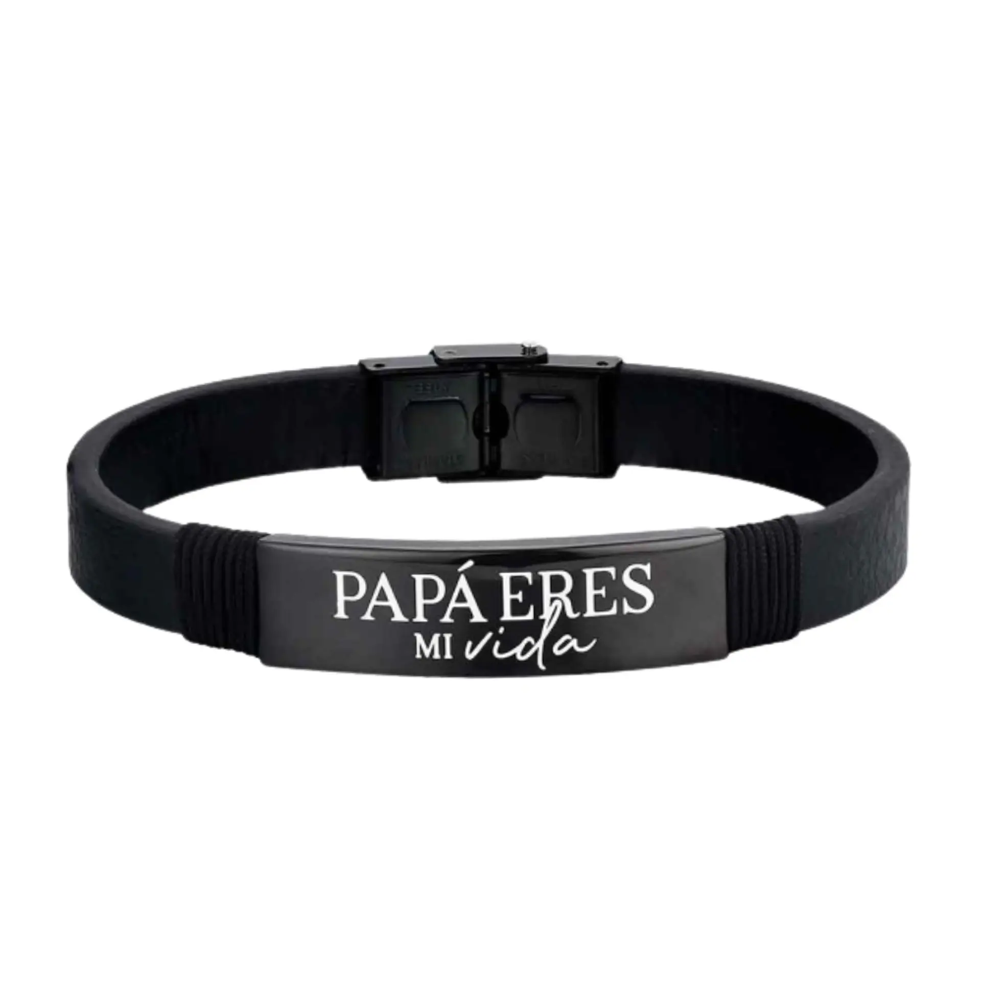 Pulsera de caballero personalizada acero y cuero negro  2