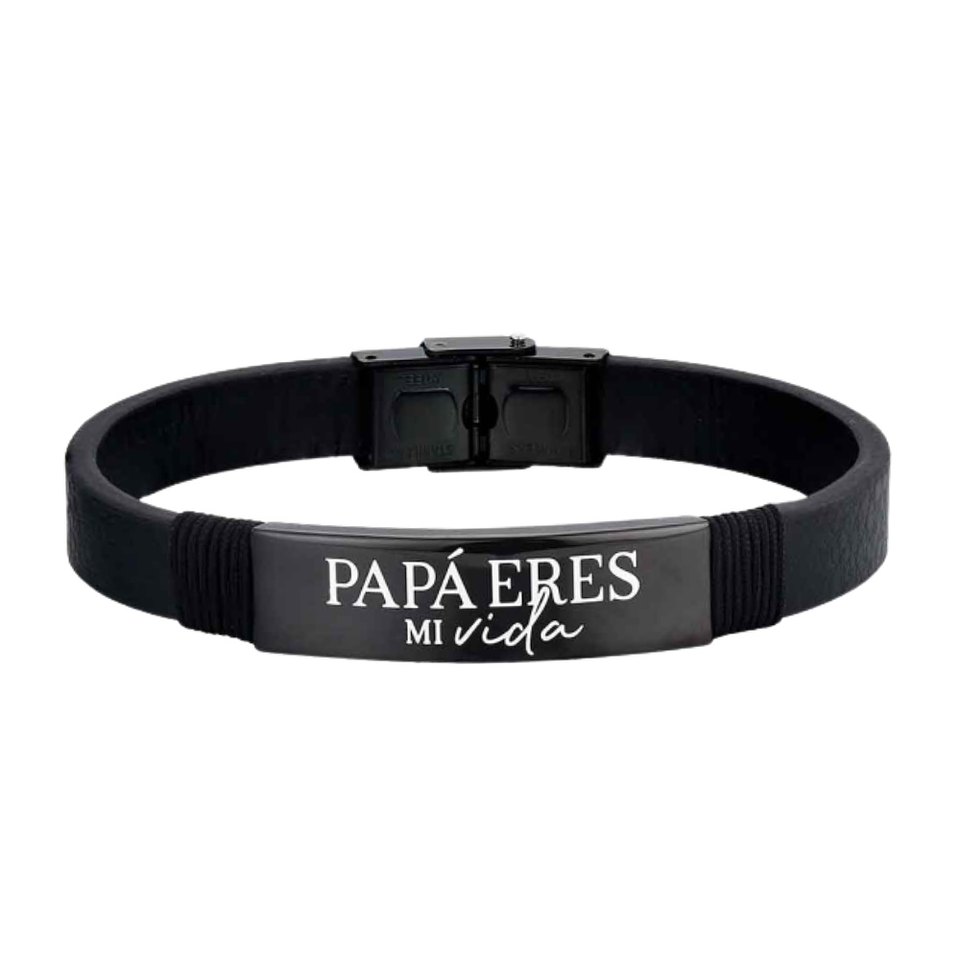 Pulsera de caballero personalizada acero y cuero negro  2
