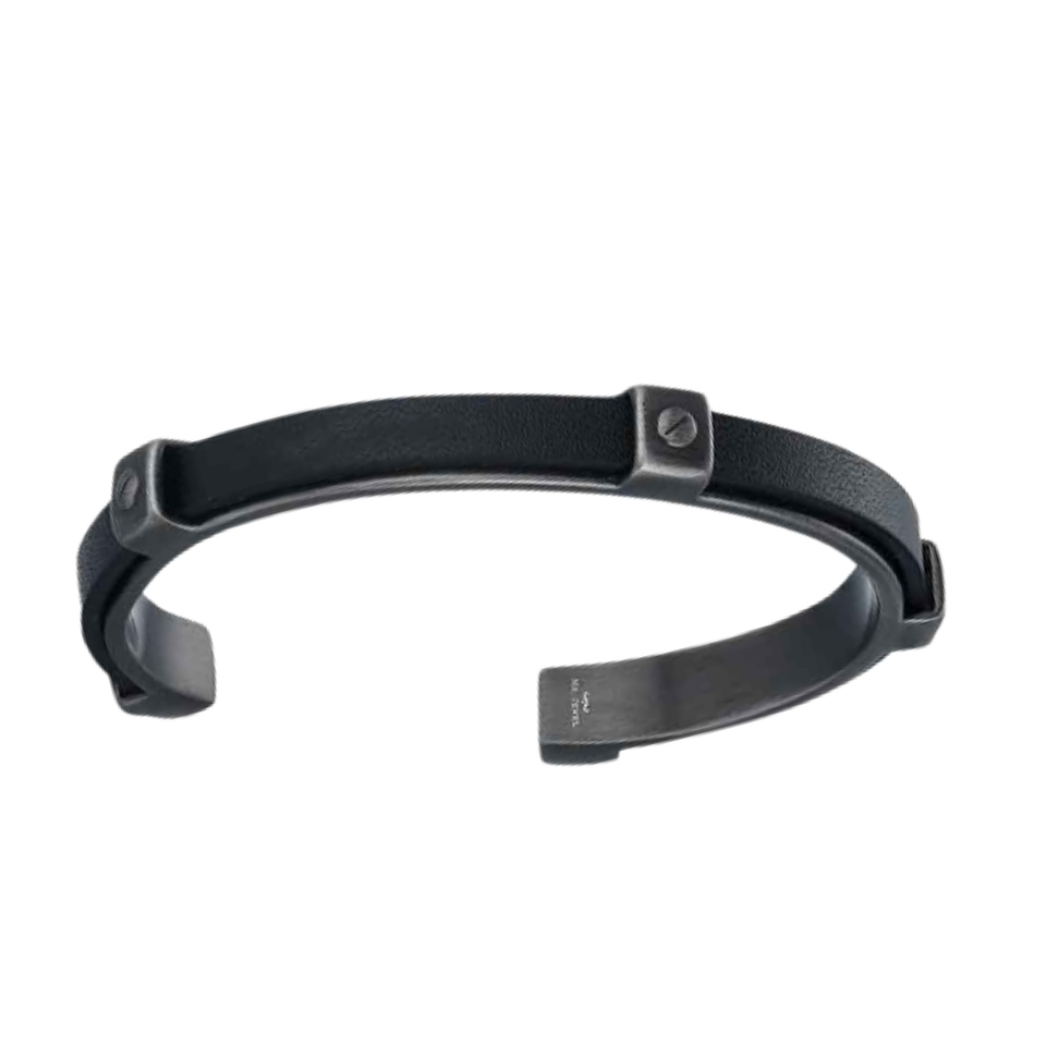 Brazalete de caballero acero y cuero negro  1
